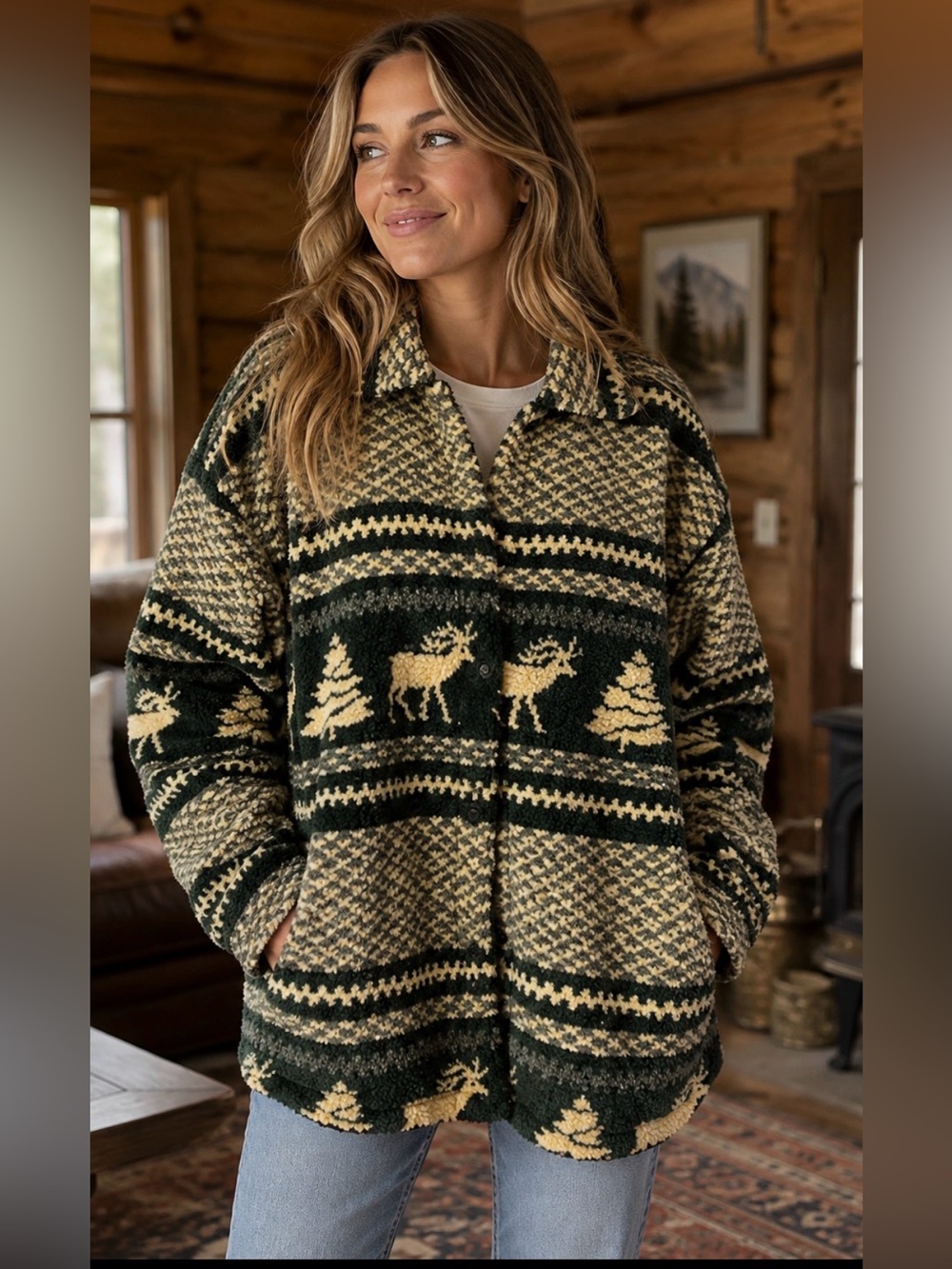 Women’s Vintage Sherpa Fleece Jacket Size Large Deer Tree Cabin Cabincore USA
